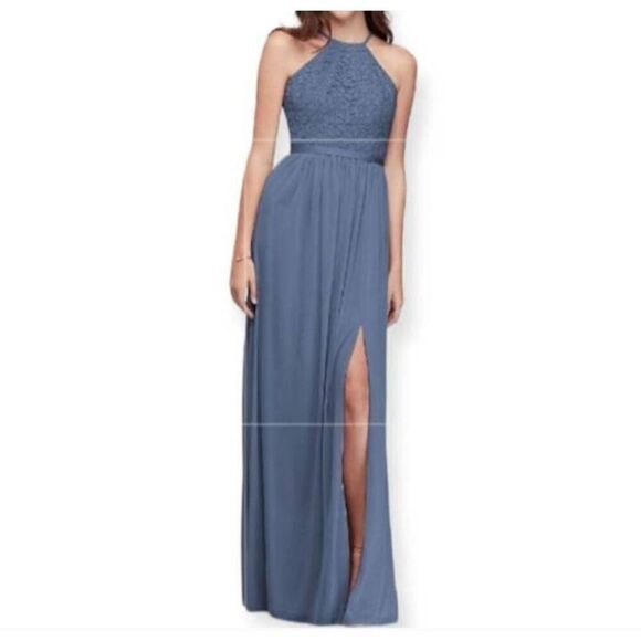 DAVID'S BRIDAL BLUE OPEN-BACK LACE AND MESH BRIDESMAID DRESS SZ.14 EUC - Picture 2 of 7